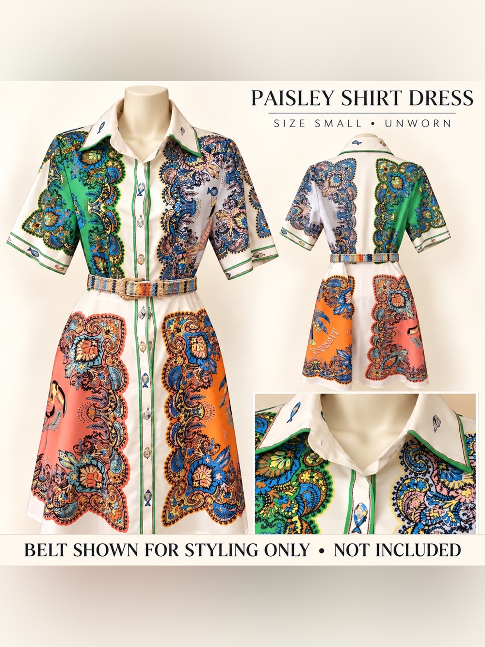 Paisley Scarf Print Shirt Dress Green Orange Smal
